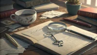 물건이 제자리에 없을 때 사용하는 영어 표현 'Misplaced'와 'In the wrong place'의 차이를 설명하는 콘텐츠 섬네일 이미지: 돋보기로 잘못 놓인 열쇠를 찾는...