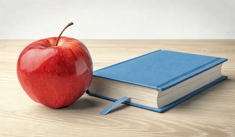 사과와 책이 바로 옆에 놓여 있어 '옆'이라는 위치 개념과 영어 위치 표현 학습을 시각적으로 나타내는 이미지