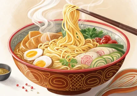 김이 나는 다양한 면 요리 그릇 옆에 펼쳐진 영어 사전과 말풍선 아이콘이 있는 이미지