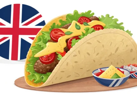 맛있는 타코 이미지와 영어 학습 아이콘으로 타코 주문 영어 표현 배우기를 상징하는 그림