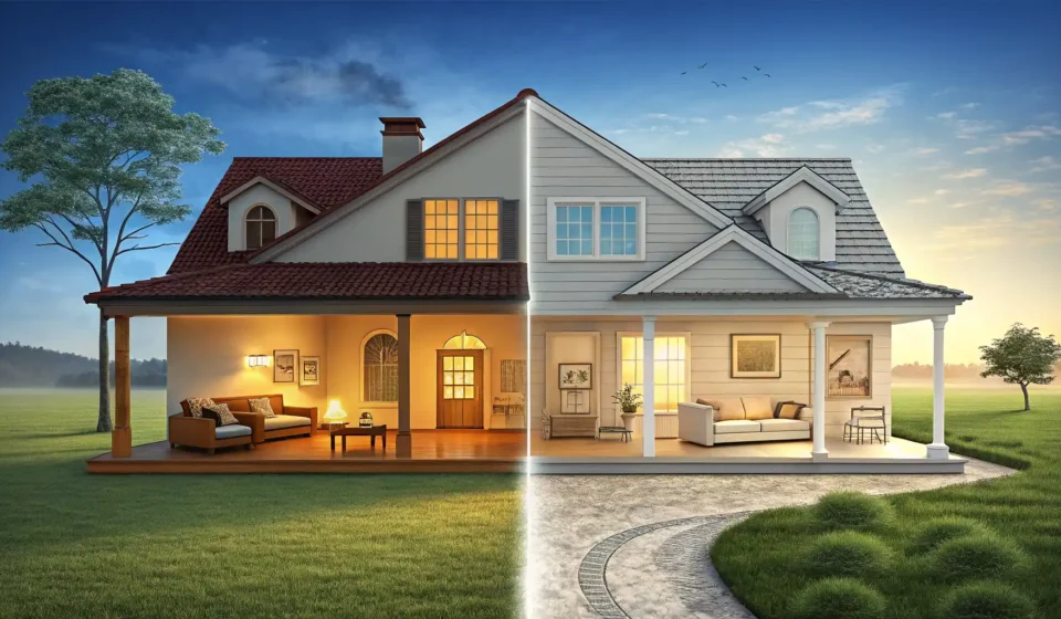 집의 내부와 외부(바깥쪽)를 명확히 구분하여 보여주는 일러스트, '바깥쪽' 관련 영어 표현 학습용 이미지