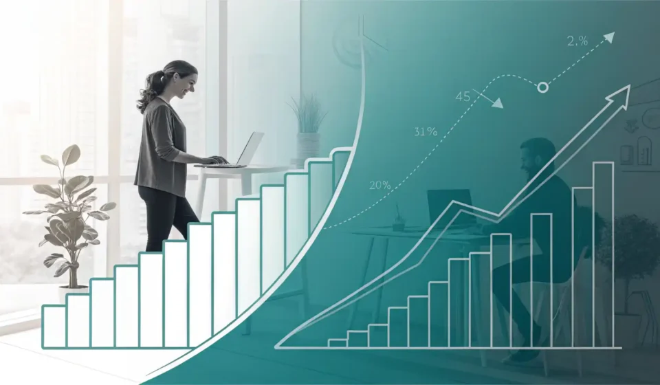 점진적 변화를 나타내는 선 그래프와 장기적 결과를 상징하는 목표 지점 화살표 아이콘, 영어 표현 'Over time'과 'In the long run'의 차이를 시각적으로 표현한...