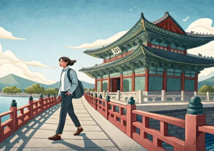 해외 취업 영어 표현 학습: 다리를 건너 해외 도시로 나아가는 사람과 언어 학습을 상징하는 아이콘 이미지