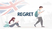 후회 관련 영어 표현 배우기 썸네일: 'REGRET' 글자와 'I wish', 'Should have' 말풍선, 영어 공부 아이콘.