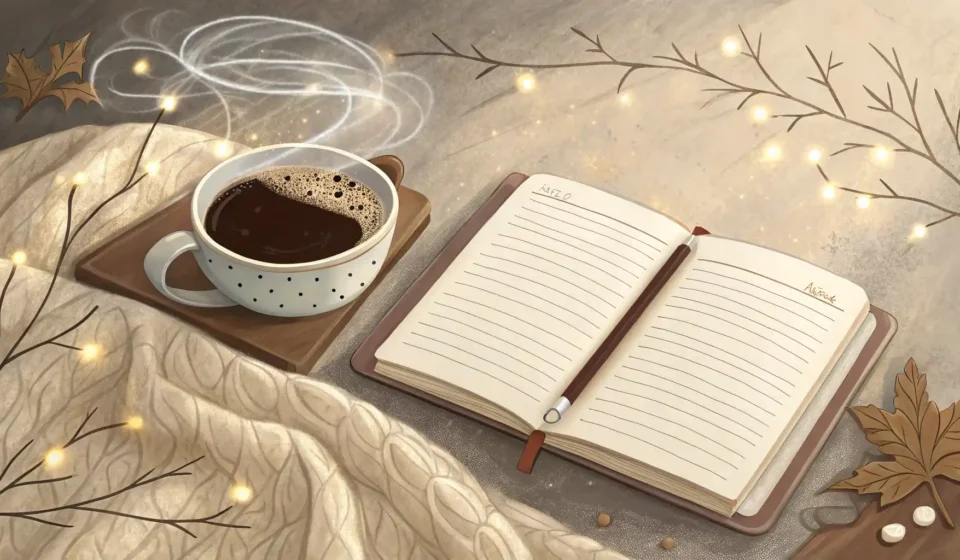 책상 위 커피와 영어 노트, 휴식과 영어 학습을 상징하는 이미지