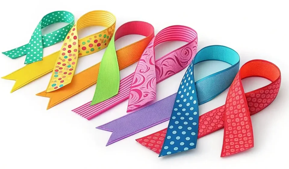 선물 포장, 패션 등에 사용되는 다채로운 리본들과 영어 표현 학습을 상징하는 이미지