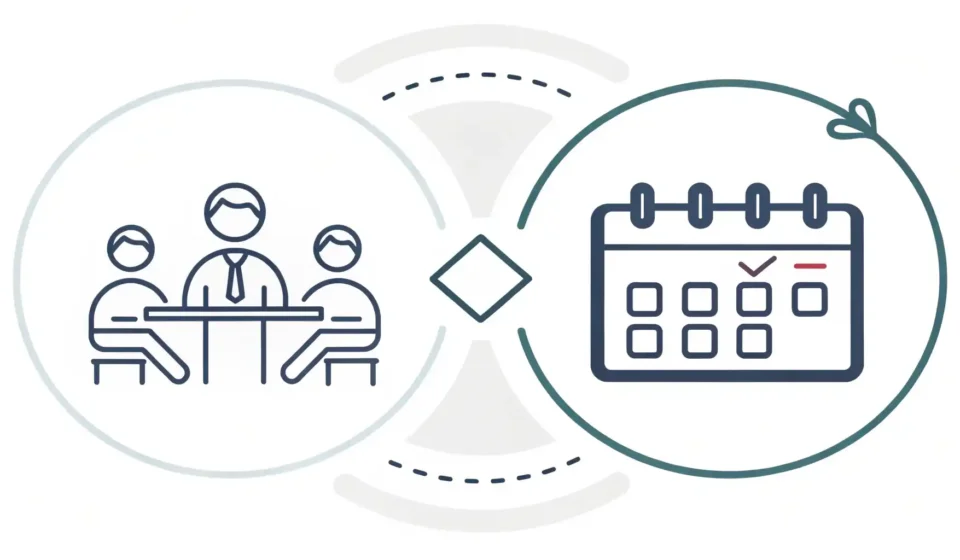 회의 아이콘 바로 뒤에 점심 아이콘이 이어져 '직후'의 시간 순서를 시각적으로 표현하고 옆에 전구 아이콘이 있어 영어 표현 학습을 나타내는 이미지.