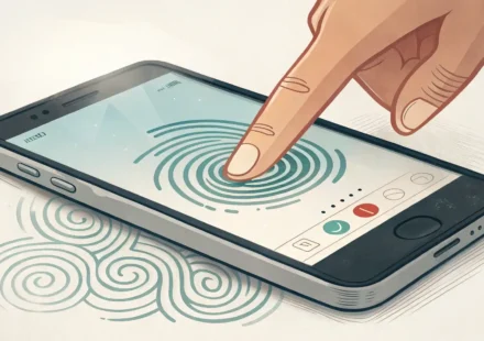 스마트폰 화면을 아래로 스크롤하는 손가락과 영어 학습을 상징하는 말풍선 아이콘이 있는 이미지