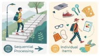 순차적인 경로와 개별적인 원 아이콘이 대비되어 'One at a time'과 'Individually'의 차이 및 순서 표현 학습을 시각적으로 나타내는 이미지.