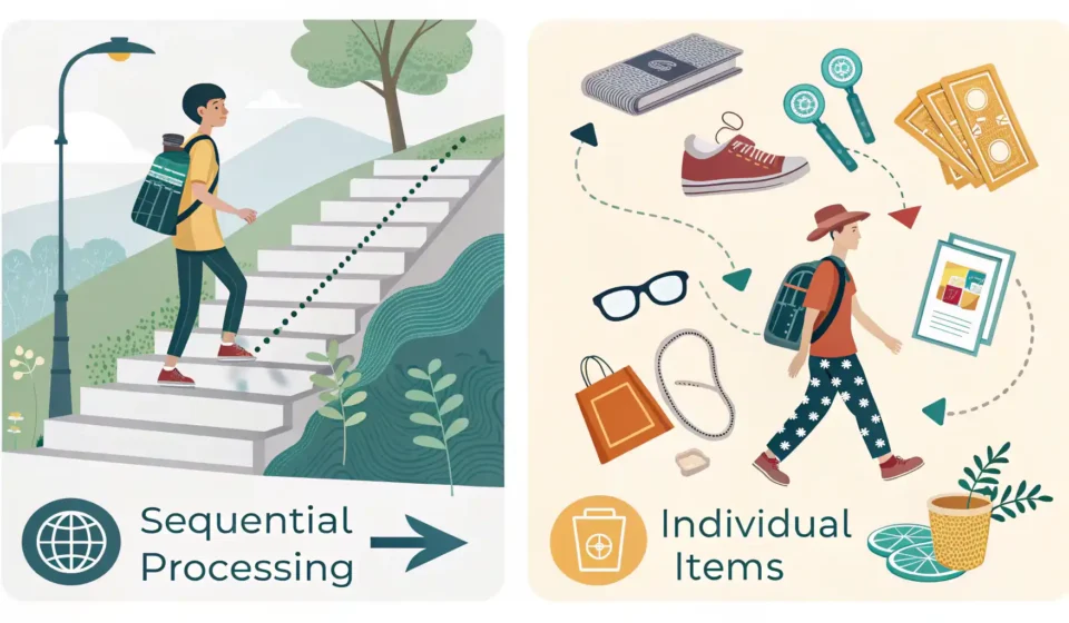 순차적인 경로와 개별적인 원 아이콘이 대비되어 'One at a time'과 'Individually'의 차이 및 순서 표현 학습을 시각적으로 나타내는 이미지.
