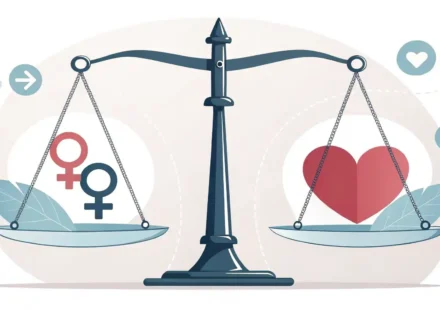 성차별 관련 영어 표현 학습을 나타내는 불균형한 저울과 토론 아이콘 이미지