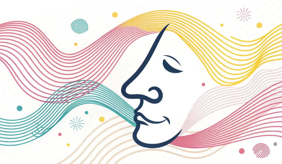 코 아이콘 주변에 좋은 냄새와 나쁜 냄새를 상징하는 다채로운 선들이 있고, 영어 표현 학습을 나타내는 이미지