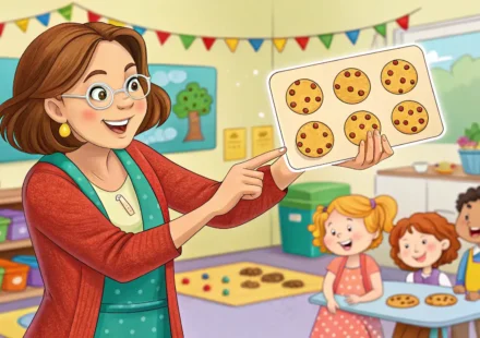 유치원 간식 시간에 영어 표현을 배우는 아이들과 선생님을 보여주는 밝고 친근한 스타일의 일러스트레이션.