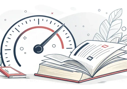 영어의 '속도' 관련 표현 학습을 상징하는 속도계와 책 아이콘 그래픽