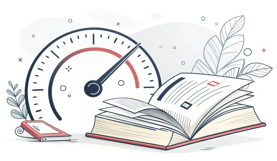 영어의 '속도' 관련 표현 학습을 상징하는 속도계와 책 아이콘 그래픽