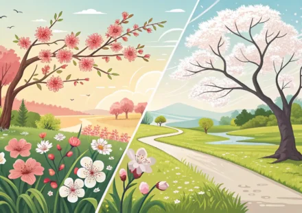 영어 단어 'Spring'의 여러 의미(계절 봄, 용수철)를 시각적으로 표현한 이미지.
