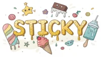 끈적이는 글씨체 'Sticky'와 영어로 끈적임을 묘사하는 법을 배우는 것을 나타내는 아이콘 및 말풍선 일러스트.