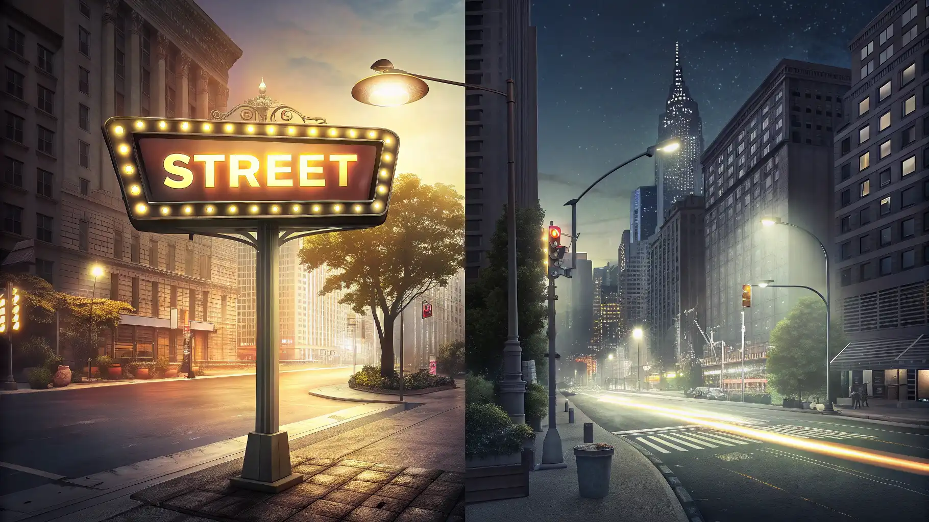 영어로 '거리'를 의미하는 Street와 Distance의 차이를 시각적으로 보여주는 이미지. 왼쪽에는 'STREET' 표지판이, 오른쪽에는 두 지점 간의 'DISTANCE'를 나...