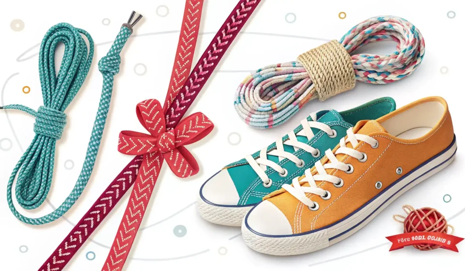 다양한 종류의 끈(신발끈, 리본, 밧줄, 전선) 이미지와 함께 영어 표현 학습을 상징하는 아이콘.