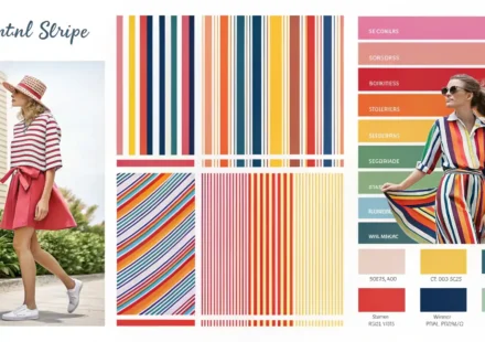 다양한 색상과 형태의 줄무늬 패턴 콜라주와 영어 표현 학습을 나타내는 돋보기 아이콘