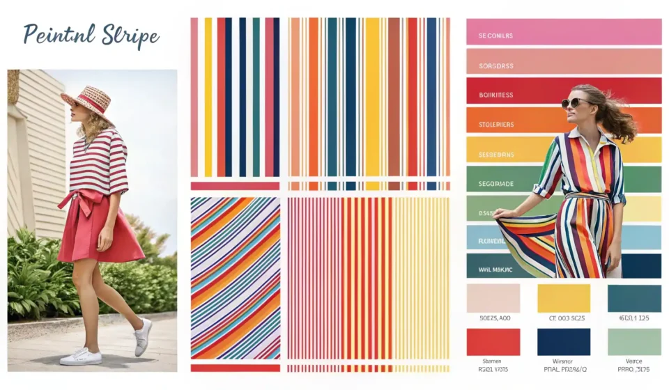 다양한 색상과 형태의 줄무늬 패턴 콜라주와 영어 표현 학습을 나타내는 돋보기 아이콘