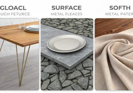 매끄러운 나무, 거친 벽돌, 물 등 다양한 표면 질감을 보여주며 '표면' 관련 영어 표현 학습을 나타내는 일러스트