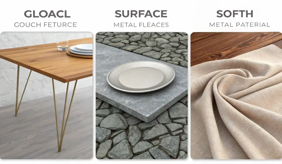 매끄러운 나무, 거친 벽돌, 물 등 다양한 표면 질감을 보여주며 '표면' 관련 영어 표현 학습을 나타내는 일러스트