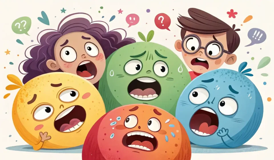 다양한 놀람의 표정을 짓고 있는 얼굴들과 영어 학습을 상징하는 아이콘들이 어우러진 일러스트 이미지