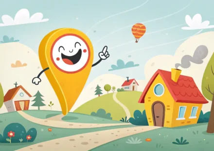 주변 장소를 나타내는 지도 핀 아이콘과 카페, 공원, 상점 아이콘이 있는 밝은 동네 그림 일러스트레이션.