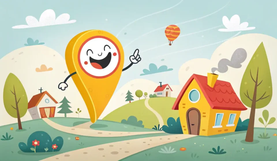 주변 장소를 나타내는 지도 핀 아이콘과 카페, 공원, 상점 아이콘이 있는 밝은 동네 그림 일러스트레이션.