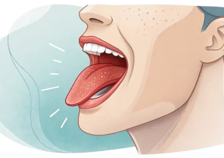 혀 그림과 매운맛, 말하기, 감각 아이콘으로 묘사된 '혀' 관련 영어 표현 학습