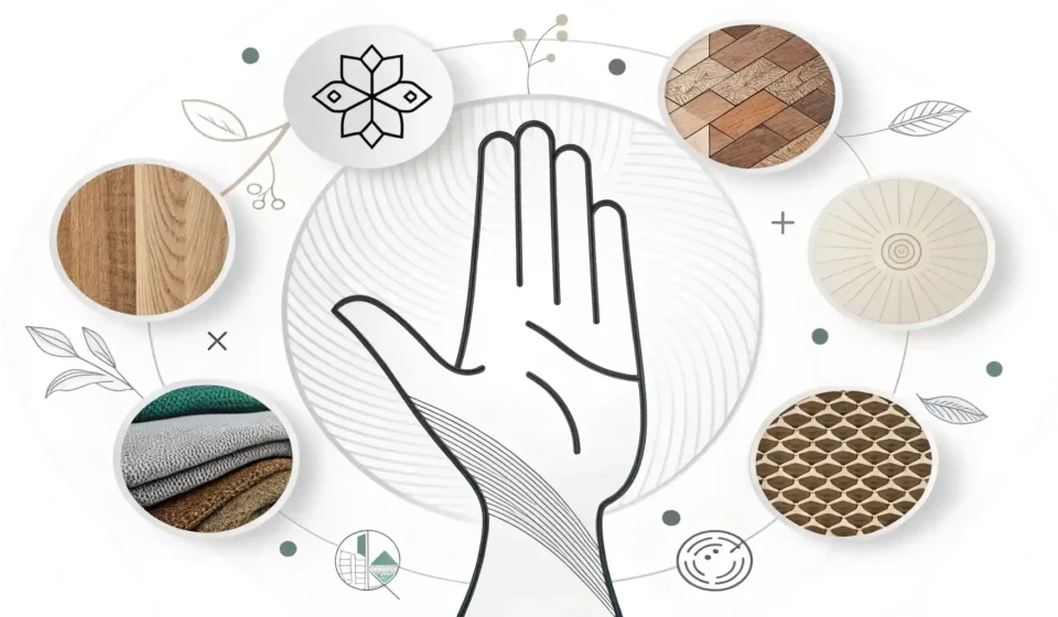 다양한 질감 아이콘(부드러움, 거칠음, 매끄러움)과 영어 학습을 상징하는 손 이미지