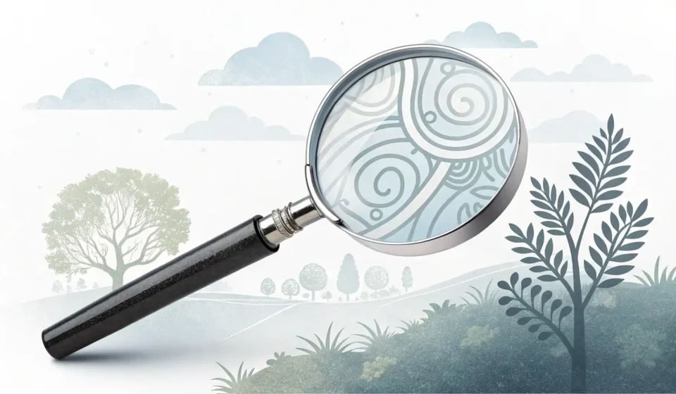 돋보기를 통해 흐릿한 부분이 선명하게 드러나는 모습의 일러스트 이미지, 영어 표현의 명확한 이해를 상징함.