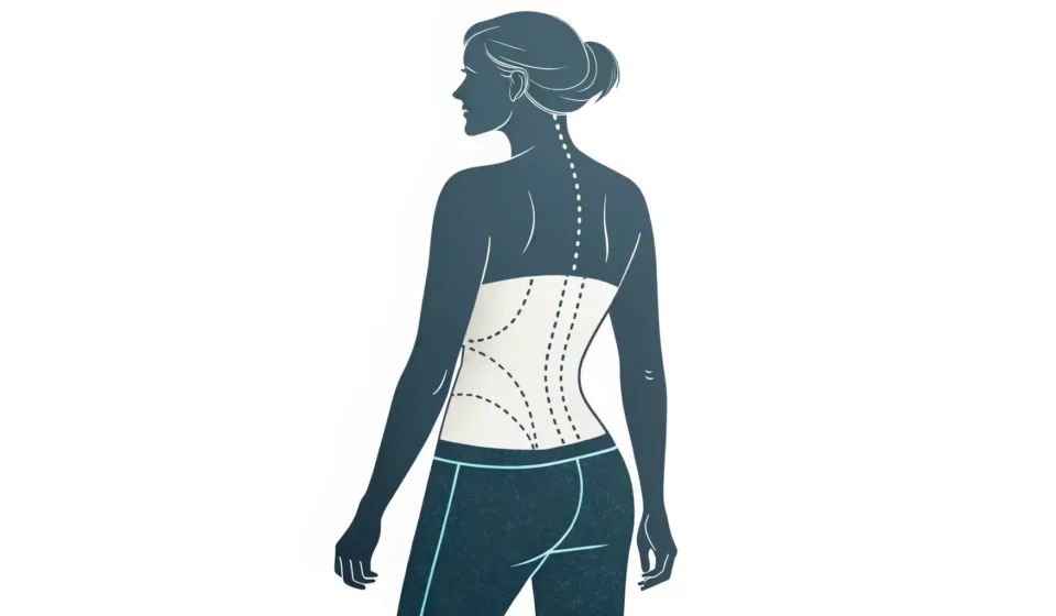 허리 부위가 강조된 사람 실루엣과 영어 학습을 상징하는 아이콘 (말풍선, 국기)이 있는 이미지