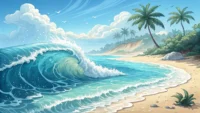 파도 치는 해변 그림 위 'Soothing sound!' 영어 표현이 담긴 말풍선과 'English Expressions for Waves' 문구가 있는 영어 학습 썸네일