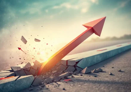 망설임의 장벽을 깨고 자신감 있게 영어로 말하는 것을 상징하는 화살표 그래픽 이미지