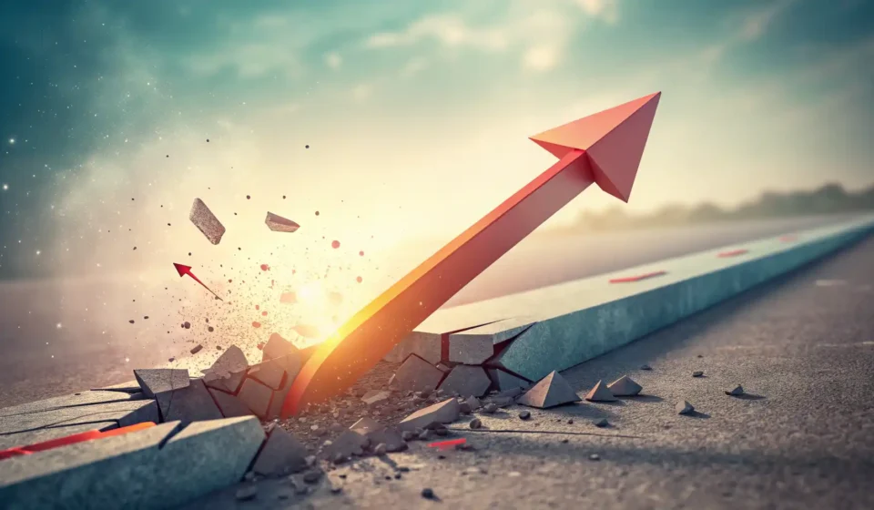 망설임의 장벽을 깨고 자신감 있게 영어로 말하는 것을 상징하는 화살표 그래픽 이미지