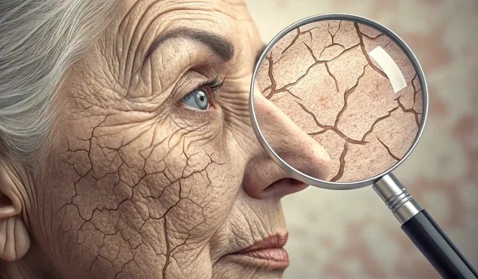 돋보기로 피부 주름과 옷 구김을 자세히 들여다보는 이미지, 주름 관련 영어 표현 학습을 상징함