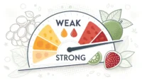 맛의 강도를 약함(Weak)부터 강함(Strong)까지 보여주는 눈금과 함께 mild, rich, intense 등 관련 영어 표현과 음식 아이콘이 그려진 이미지, 영어 맛 표현...