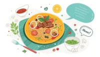 맛있는 음식 그림 위로 "Delicious!", "Try this!" 같은 영어 표현 말풍선이 떠 있는 이미지. 음식 관련 영어 표현 학습 콘텐츠 썸네일.