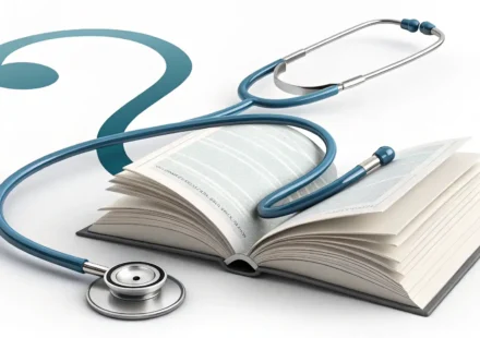 청진기와 영어 학습 노트를 통해 암검진 관련 영어 표현을 배우는 것을 상징하는 이미지