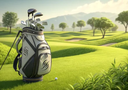 골프 가방과 클럽 옆에 영국 국기 그래픽이 있는 말풍선 아이콘이 있는 골프 코스 페어웨이 일러스트