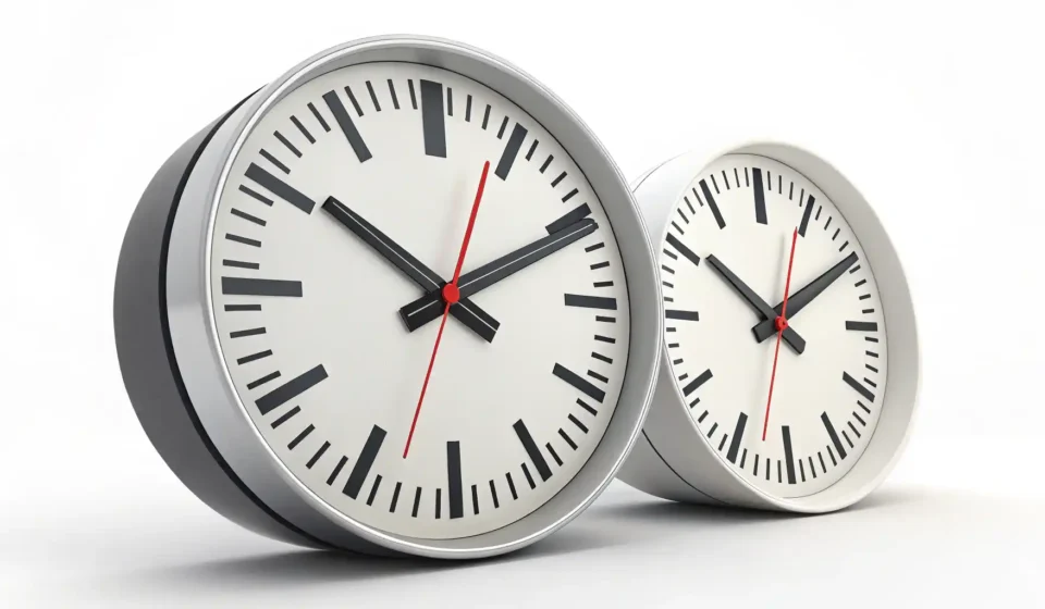 현재와 당분간의 시간 차이를 상징하는 두 개의 시계 아이콘 이미지, 영어 임시 표현 학습.