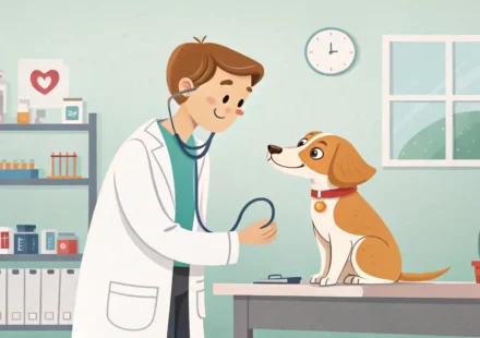 수의사가 반려동물 건강 검진을 하고 있고, 옆에는 영어 대화를 상징하는 말풍선 아이콘이 있는 일러스트 이미지