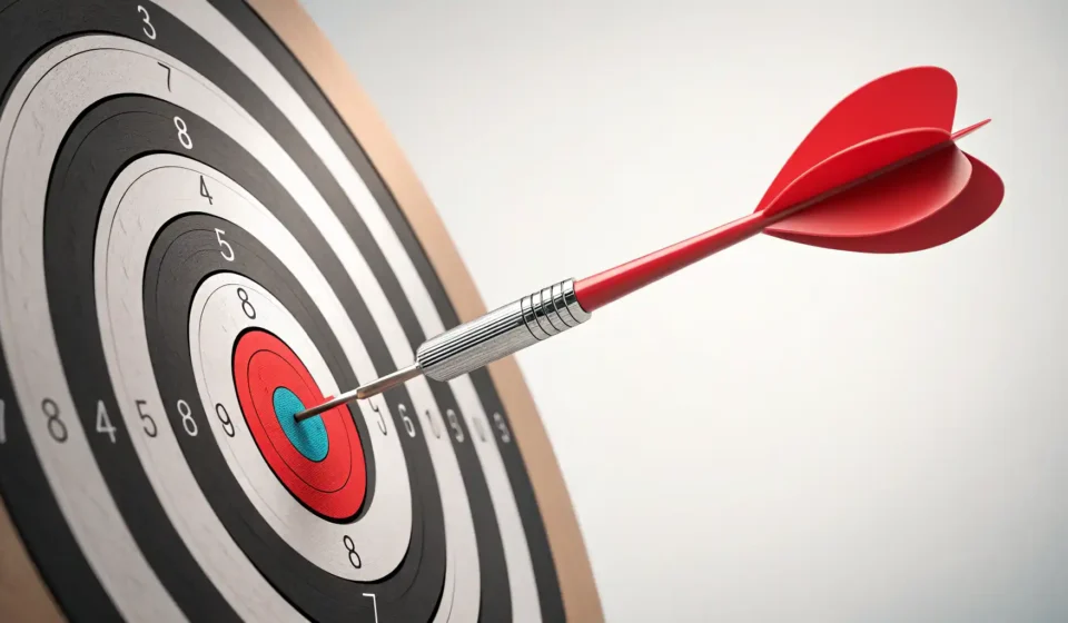영어 목표 관련 표현 학습을 상징하는 과녁 중심에 명중한 다트 그래픽 이미지