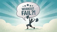 헬스장에서 저항 밴드에 엉킨 사람 위로 "Workout Fail?!" 영어 표현이 적힌 말풍선이 떠 있는 일러스트, 엉망진창 운동 관련 영어 배우기 컨셉.