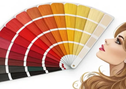 미용실 염색 상담 시 유용한 영어 표현을 상징하는 다양한 헤어 컬러 염색 견본과 말풍선 아이콘 이미지.