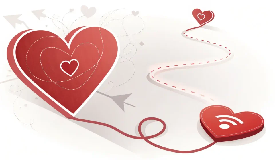 하트 모양과 영어 학습(책 또는 전구 아이콘)을 연결하여 '하트' 관련 영어 표현 배우기를 상징하는 이미지