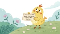영어 속담 "Don't count your chickens before they hatch"를 시각적으로 표현한 귀여운 병아리 캐릭터 디지털 일러스트.