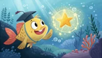 영어 관용구 'drink like a fish' 학습을 상징하는 물고기와 전구 아이콘 일러스트